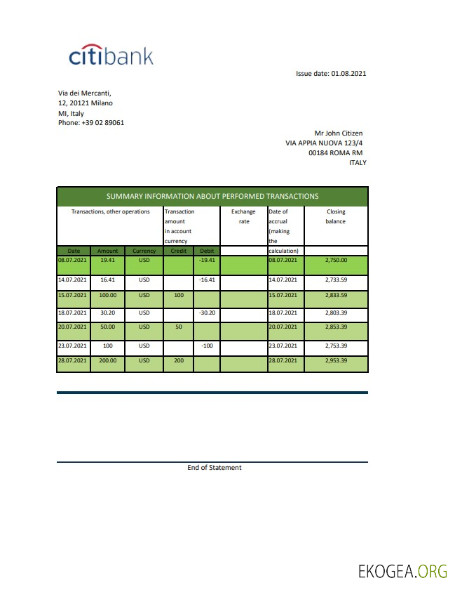 Italie Citibank excel pdf